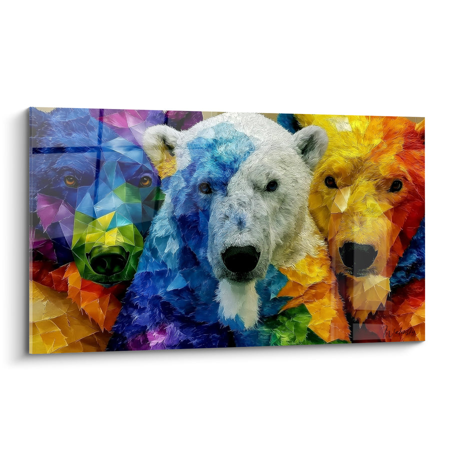 Tableau Trio d'ours polaires bleu et jaune géométrique - Trio flamboyant - Edition Ours polaire
