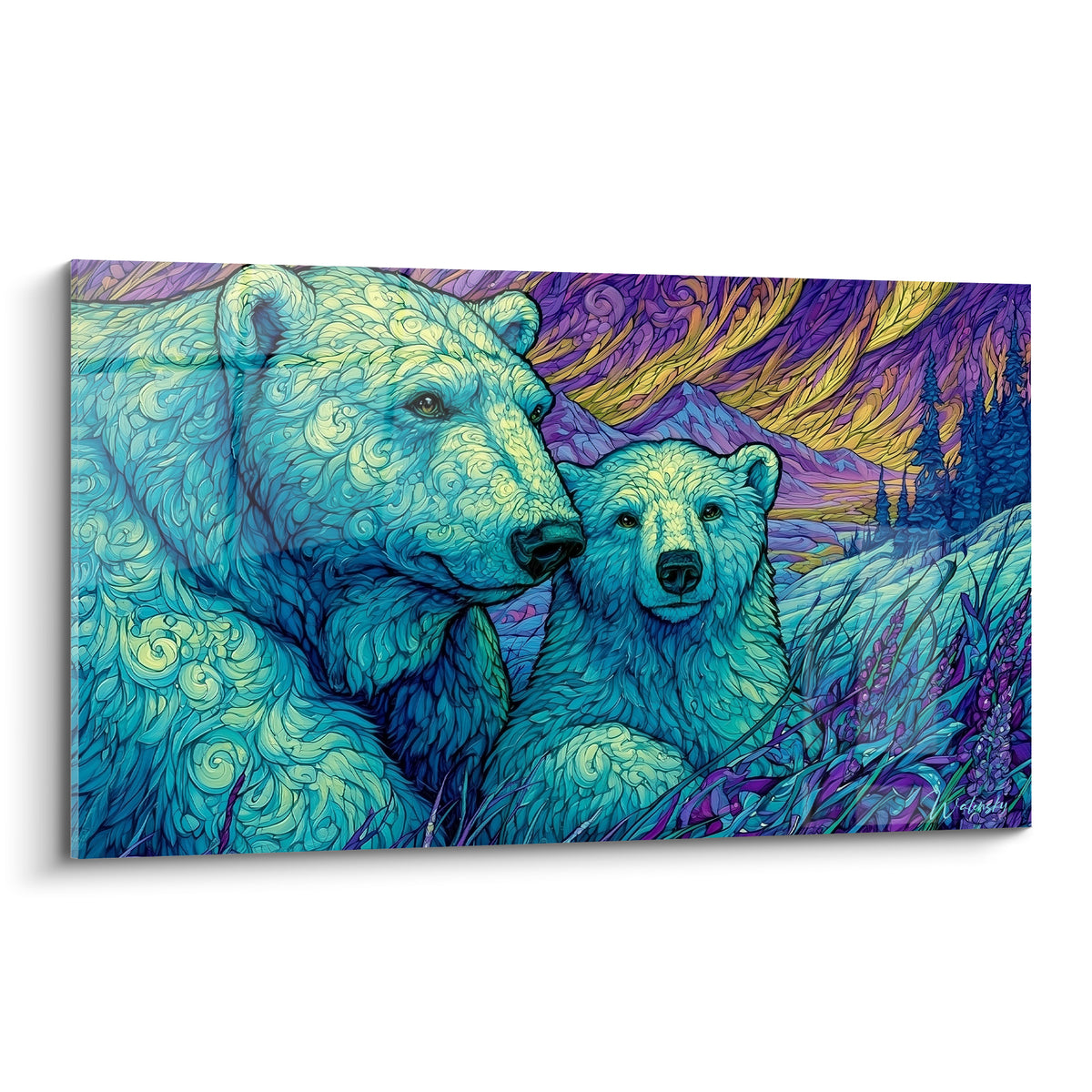 Ours polaires turquoise et violet, mère et petit front contre front sous aurore dorée