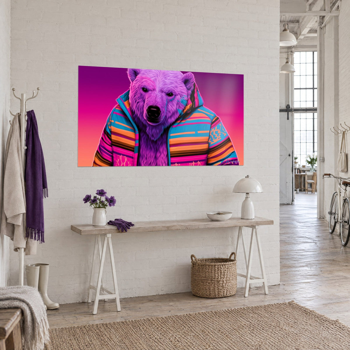 Tableau grand ours mauve au regard sombre, veste zippée à motifs aztèques bleu et corail, fond fuchsia, vu de trois-quarts dans un loft