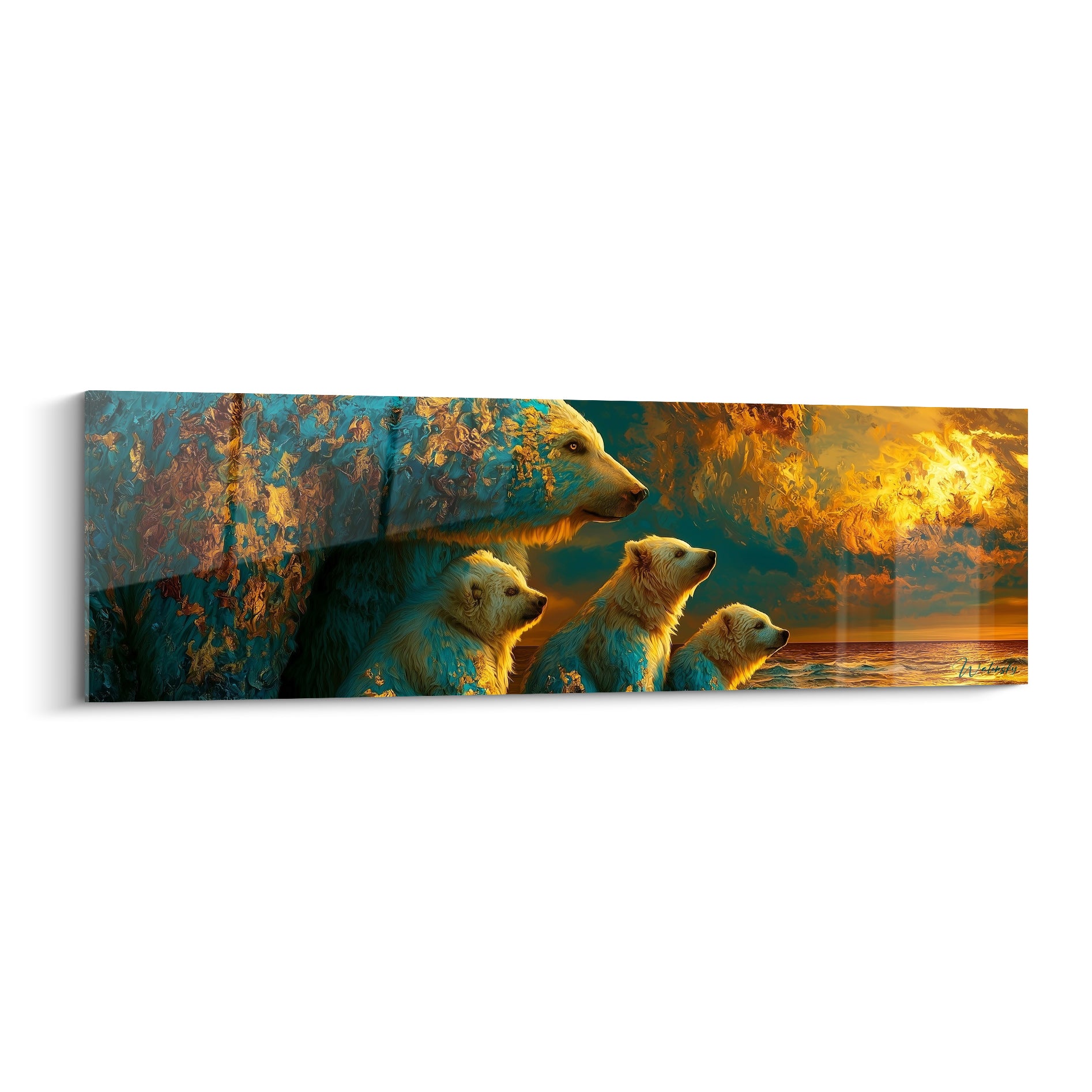 Famille d'ours polaires turquoise et doré face au coucher de soleil, peinture texturée sur fond arctique