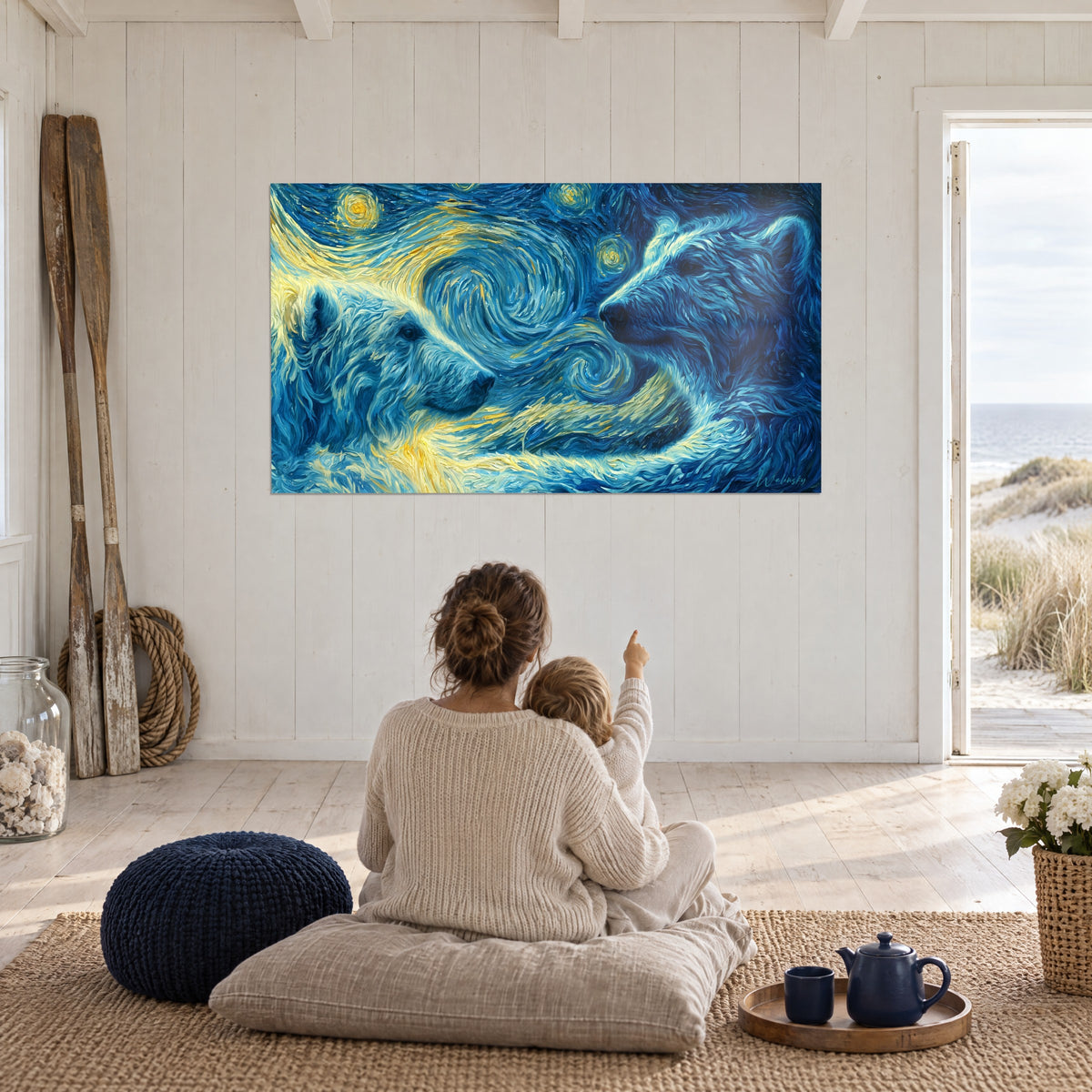 Wall art of Arctic bears and a starry night in azure and golden yellow, mother and child sitting from behind on a cushion, seaside