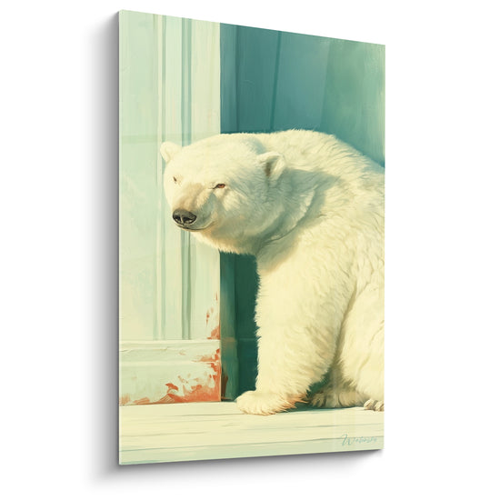 Ours polaire assis, pelage crème et fond turquoise, museau sombre, style pictural doux