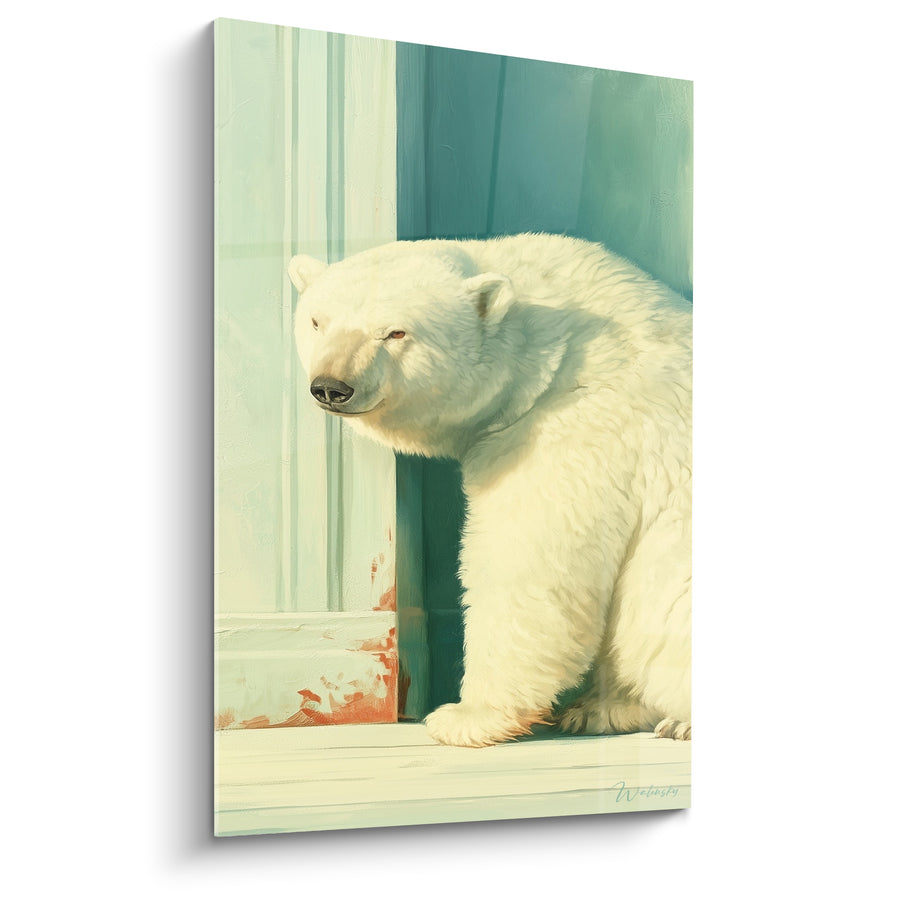 Tableau Ours polaire assis contre une porte turquoise - Halte silencieuse - Edition Ours polaire