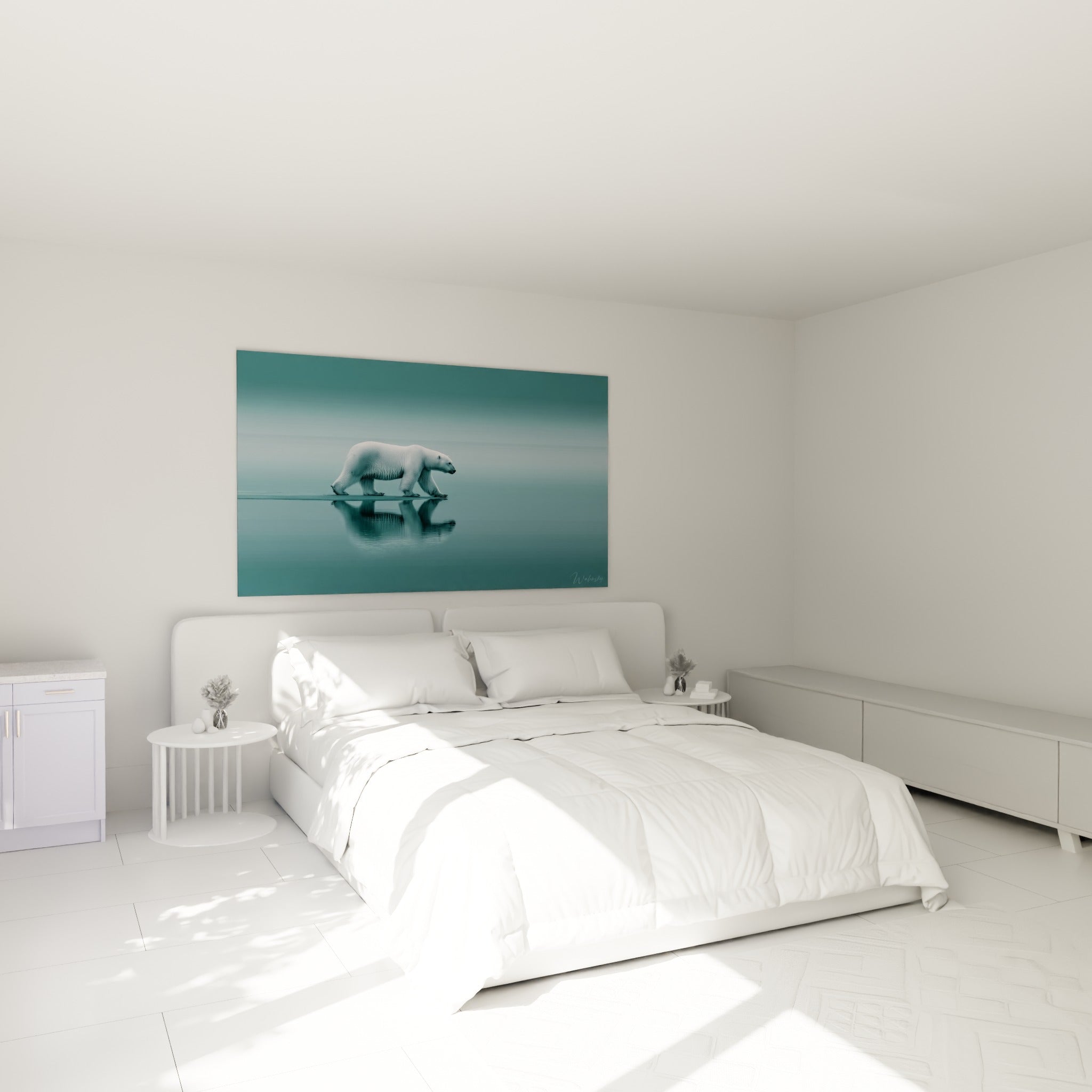 Ours polaire marchant sur glace turquoise et bleu pétrole, au-dessus d'un lit dans une chambre claire