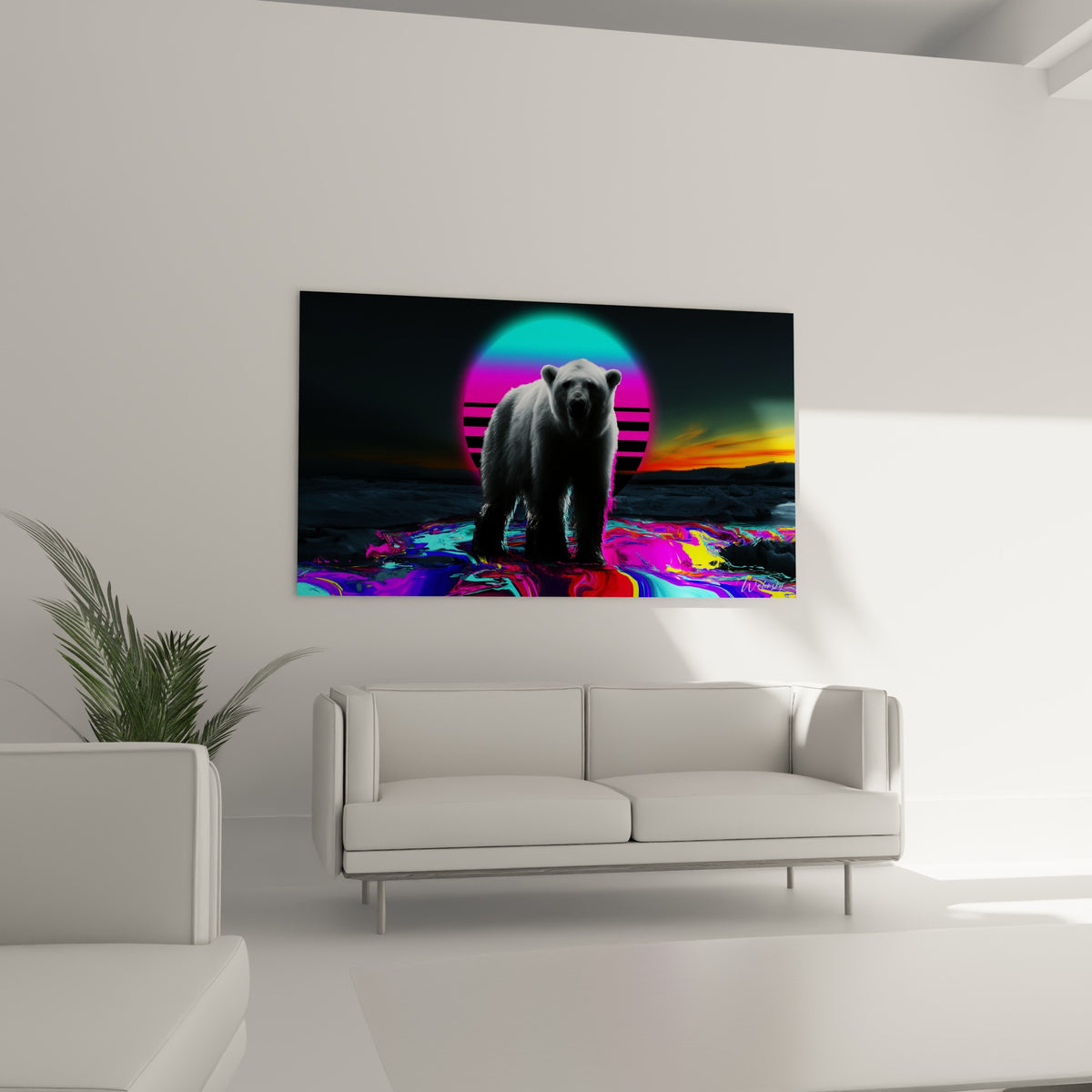 Silhouette d'ours polaire éclairée par un soleil néon rose, au-dessus d'un canapé dans un salon lumineux