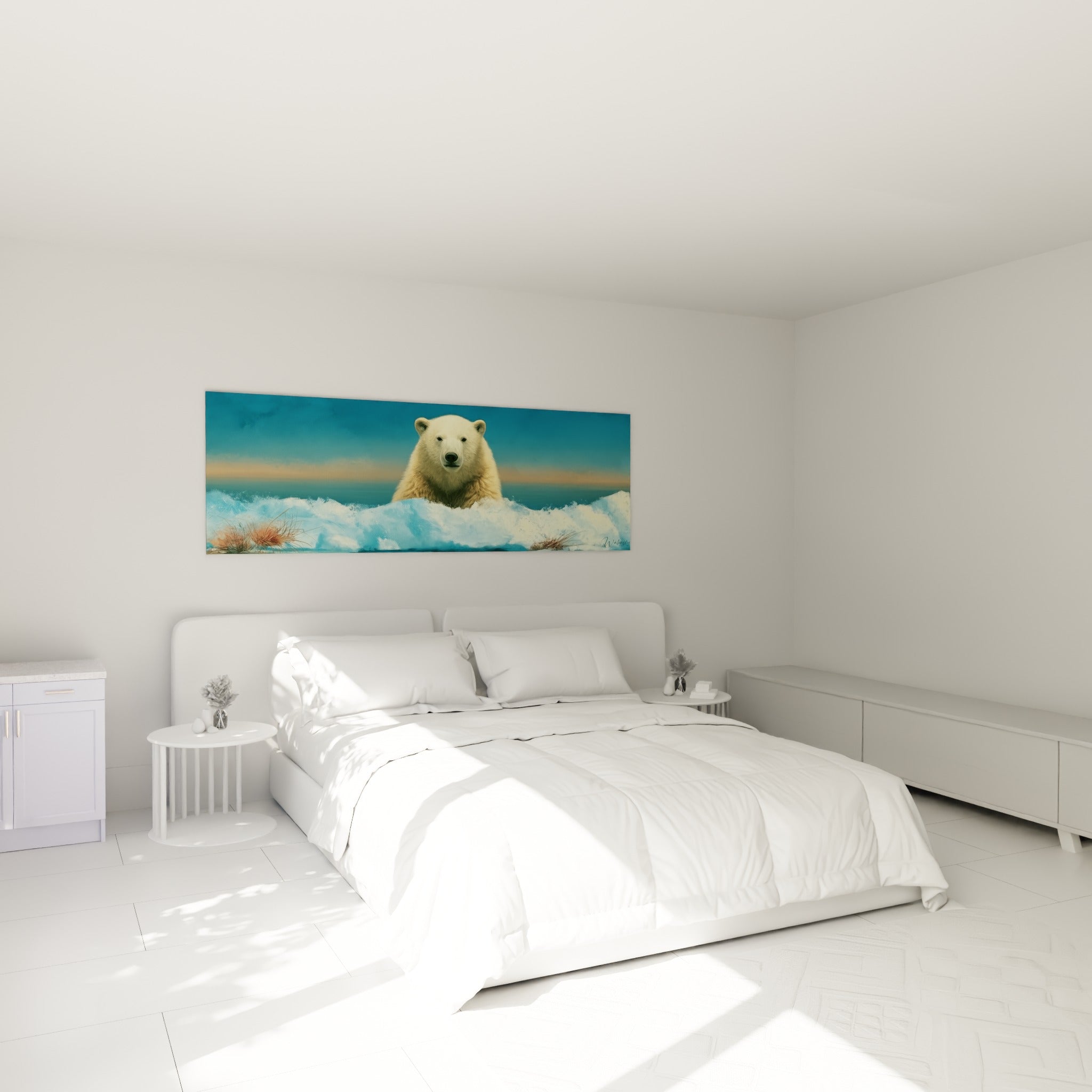 Ours polaire blanc et bleu marine surgissant des glaces au-dessus d'un lit dans une chambre claire
