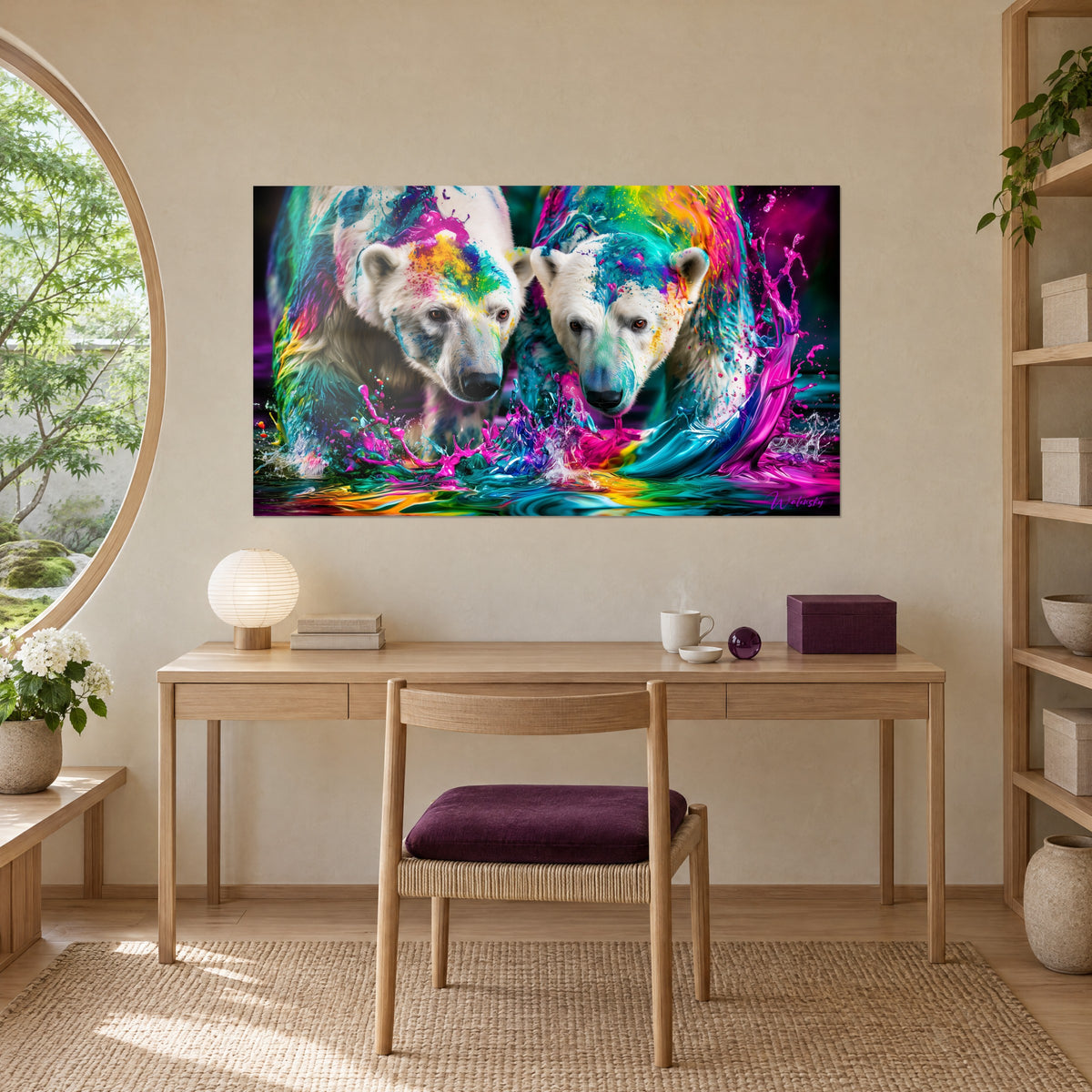 Tableau ours blancs en pleine éclaboussure de peinture fuchsia et turquoise, au-dessus d'un bureau en bois clair près d'une baie ronde