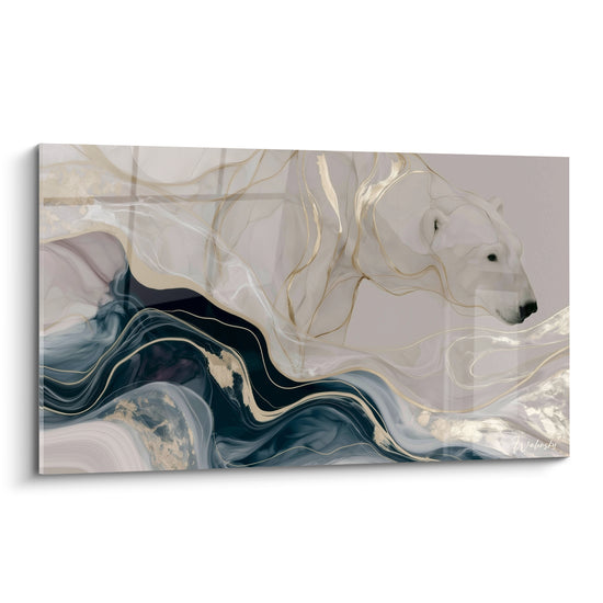 Ours polaire de profil fondu dans des vagues bleu marine et filaments dorés sur fond taupe