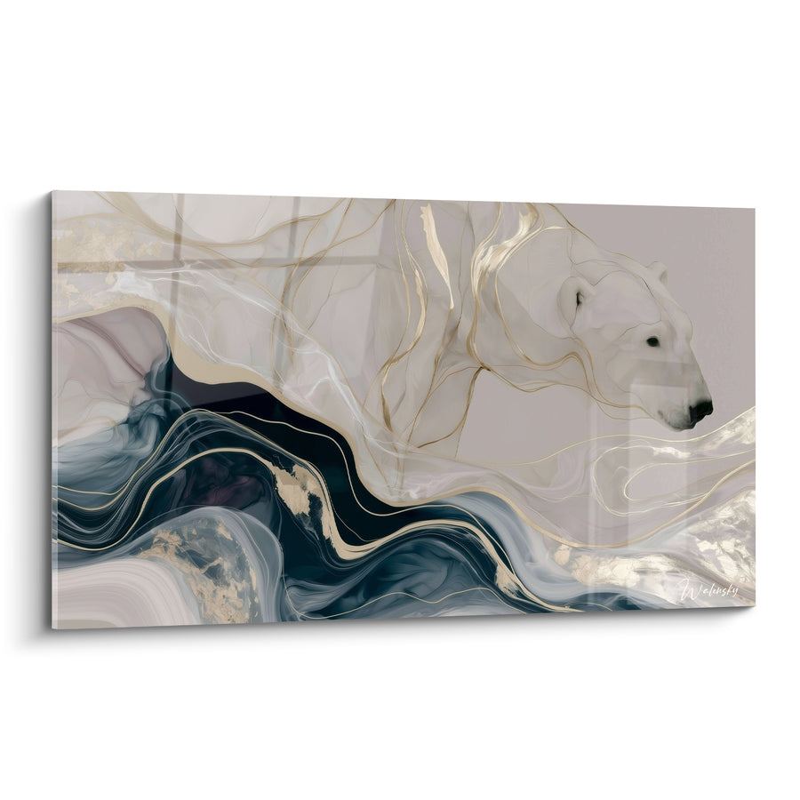 Tableau Ours polaire aux volutes marine et beiges sur vagues d'encre - Filaments dorés marbrés - Edition Ours polaire