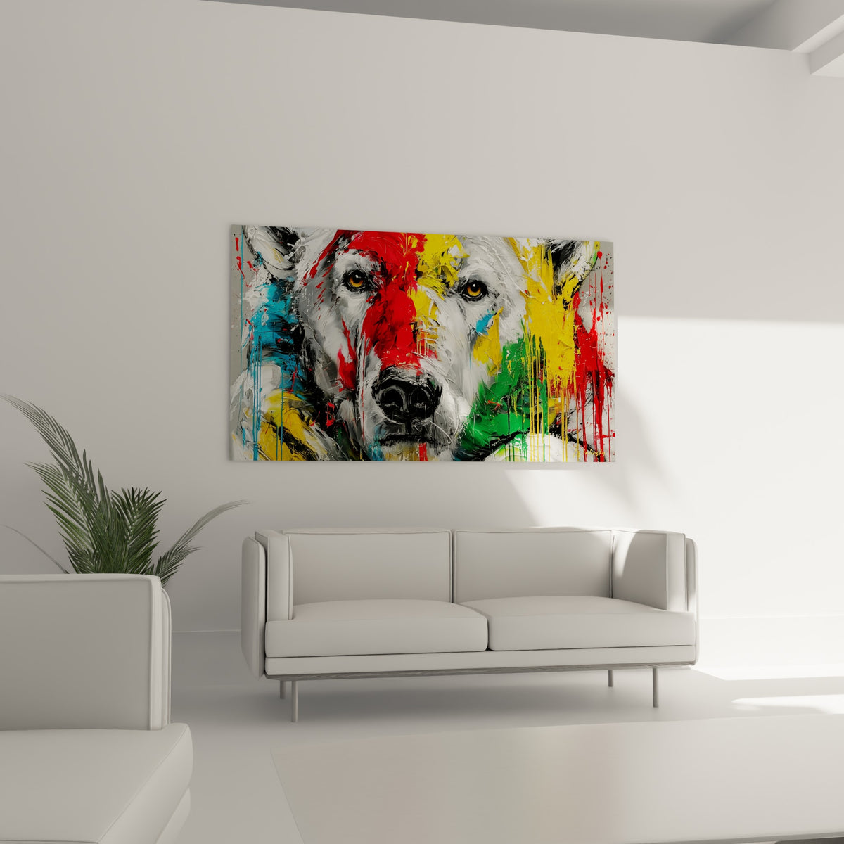 Yeux perçants d'ours polaire cerclés de rouge et vert, au-dessus d'un canapé dans un salon lumineux