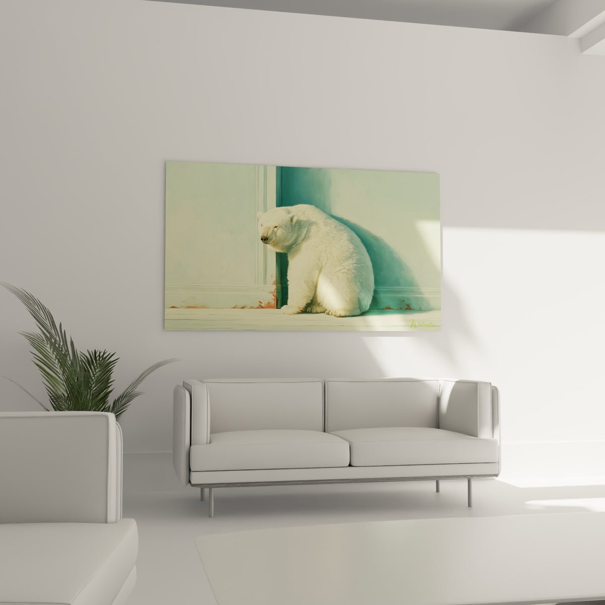 Animal polaire assis contre un fond vert d'eau, accroché au-dessus d'un canapé dans un salon lumineux