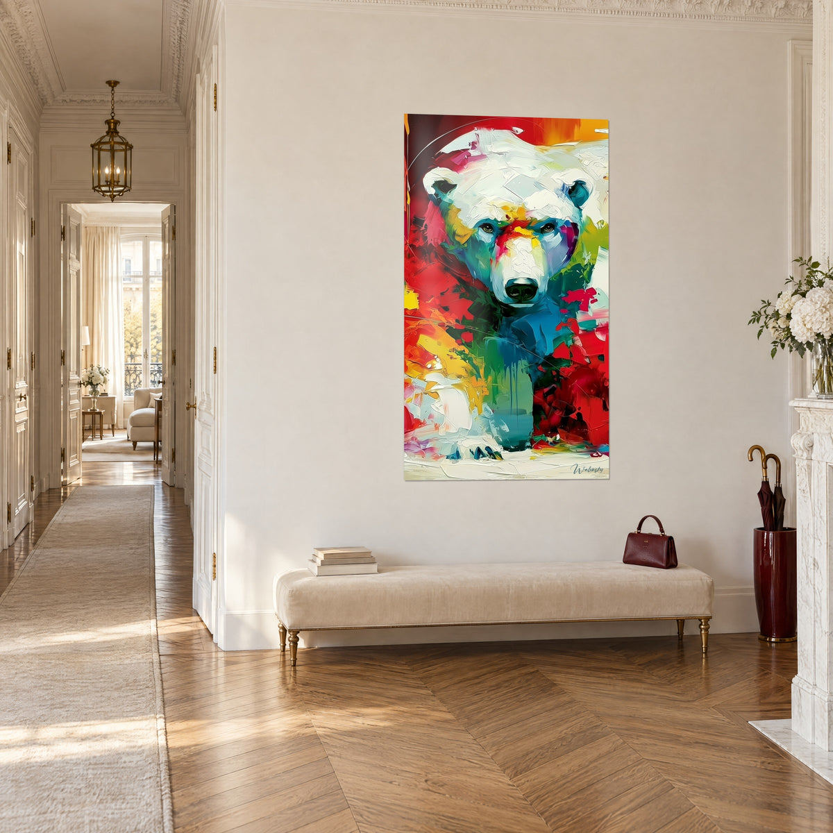 Gemälde Eisbär-Wandbild mit elfenbeinfarbenem Fell, durchzogen von Türkis und Zinnoberrot, in einem Pariser Hausflur im Haussmann-Stil