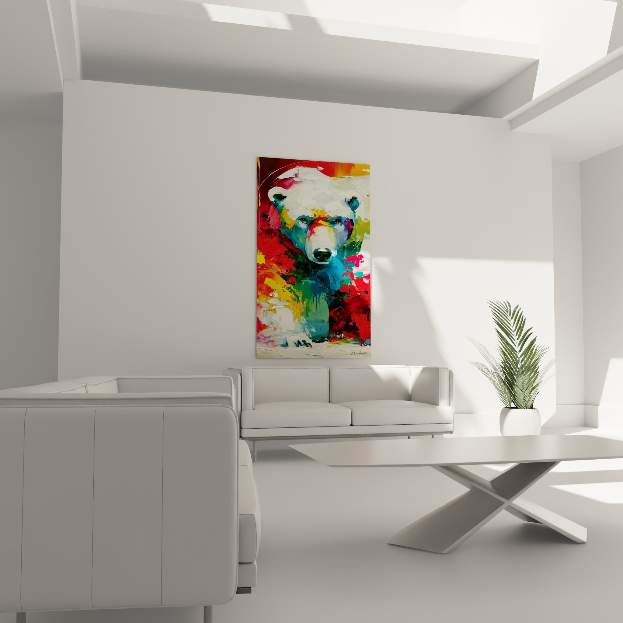 Ours polaire flamboyant aux teintes vert émeraude et bleu accroché au-dessus d'un canapé dans un salon lumineux