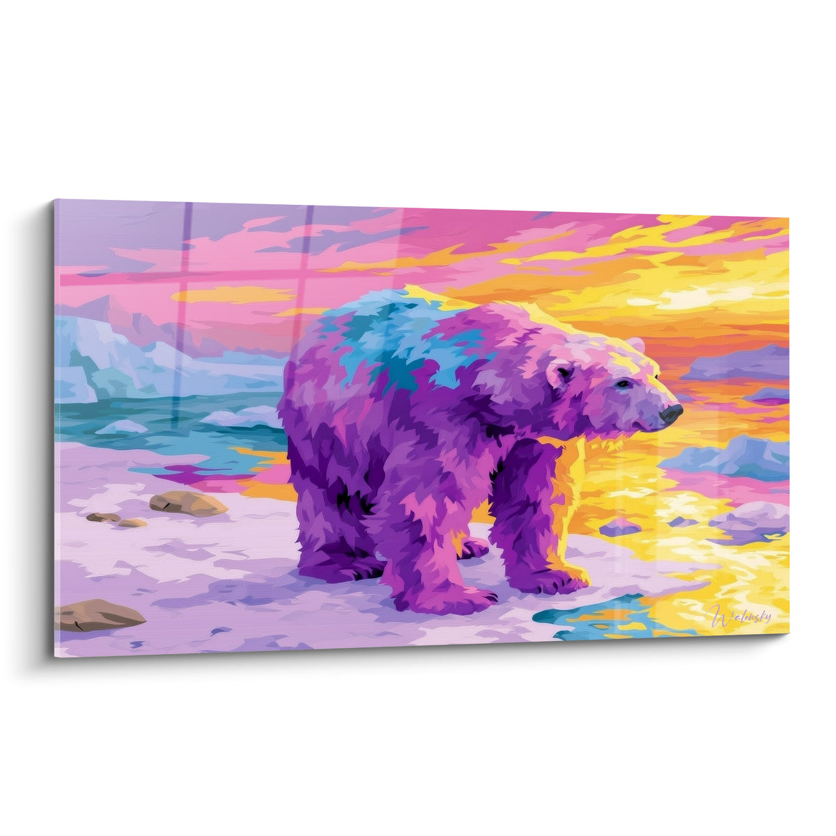 Ours polaire violet et doré debout sur la banquise sous un ciel rose et orange flamboyant