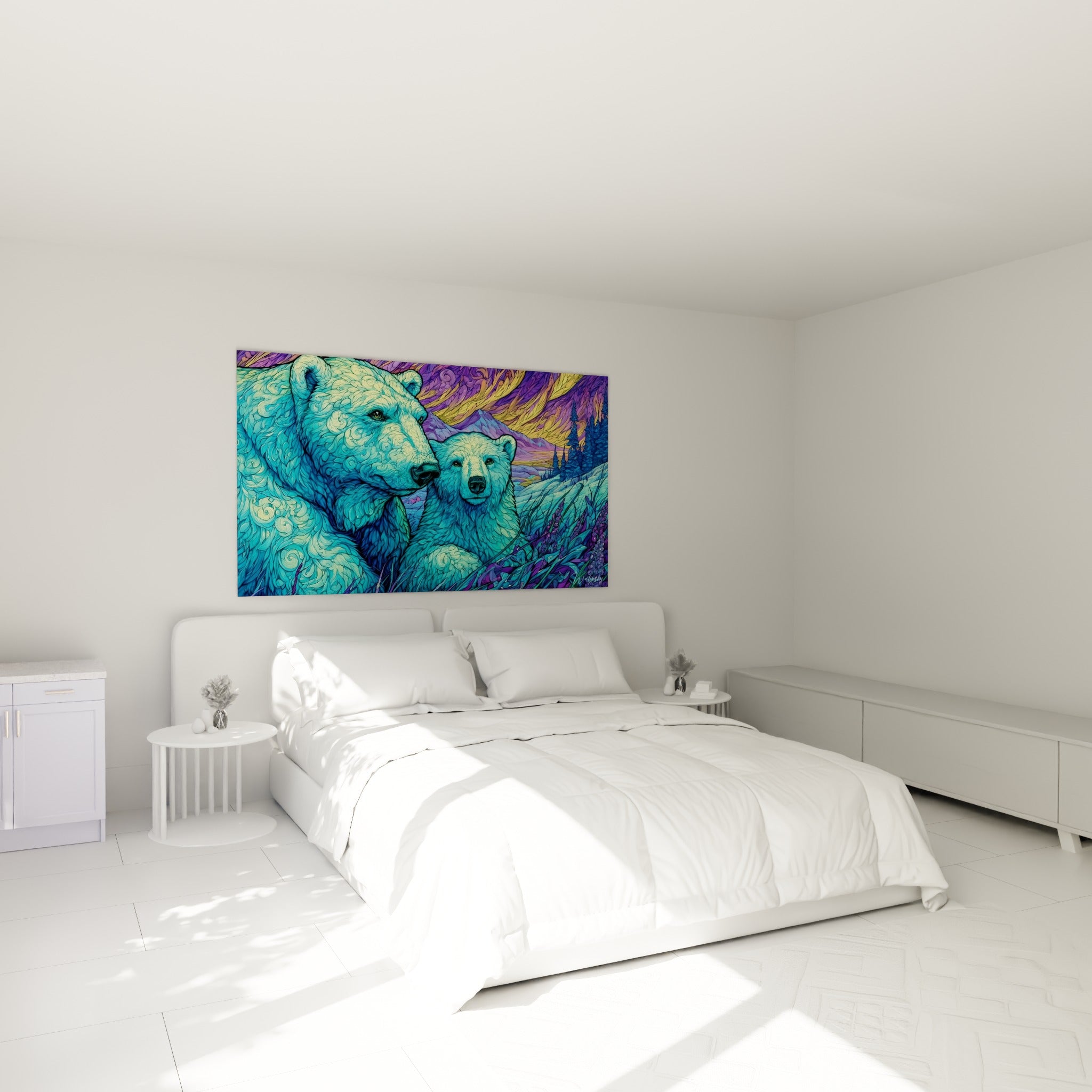 Ourse et ourson turquoise sous ciel violet et doré, au-dessus d'un lit dans une chambre claire