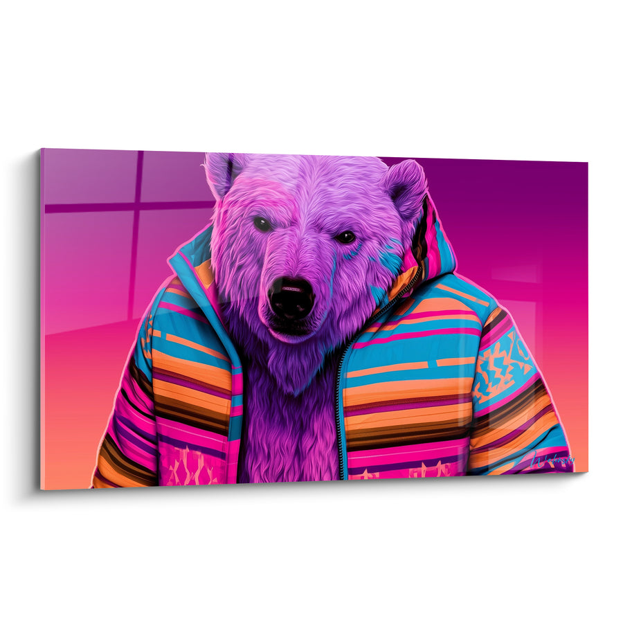 Tableau Ours violet et rose en doudoune bariolée - Attitude urbaine - Edition Ours polaire