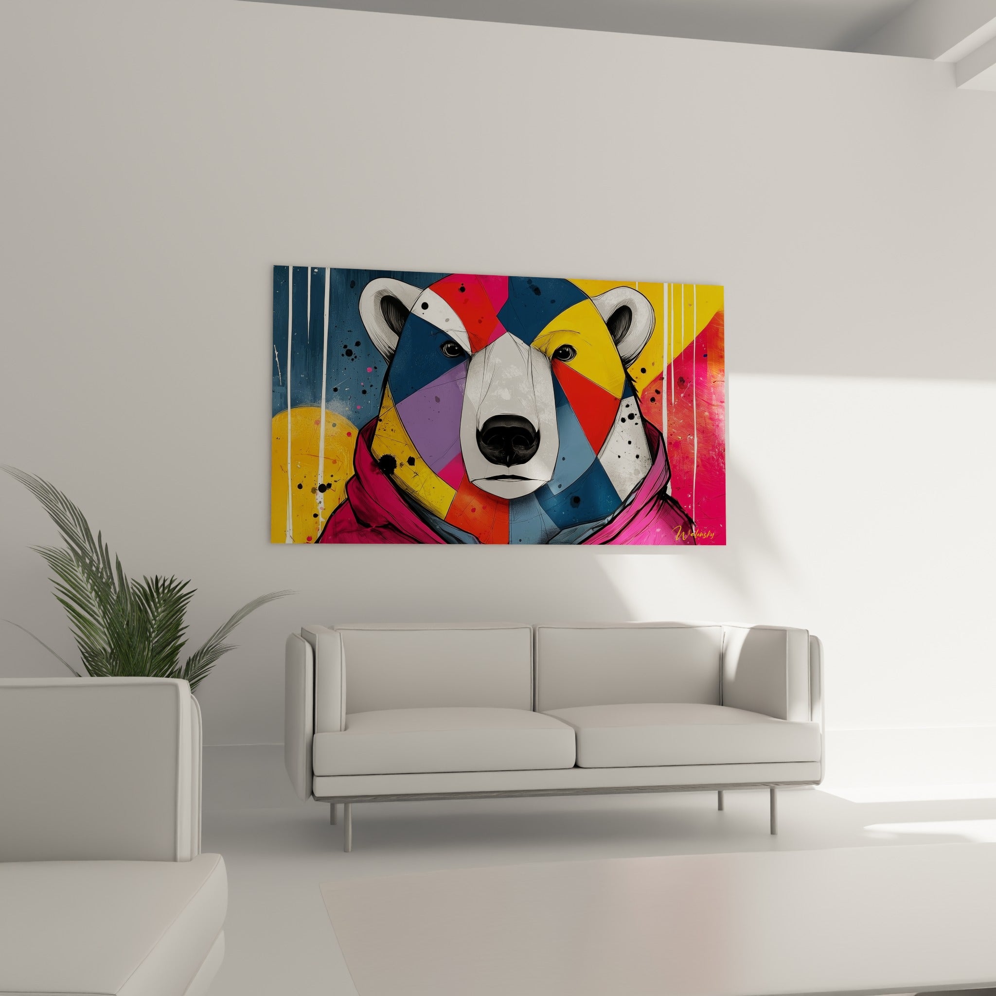 Tête d'ours polaire géométrique orange et violet, disposée au-dessus d'un canapé dans un salon lumineux
