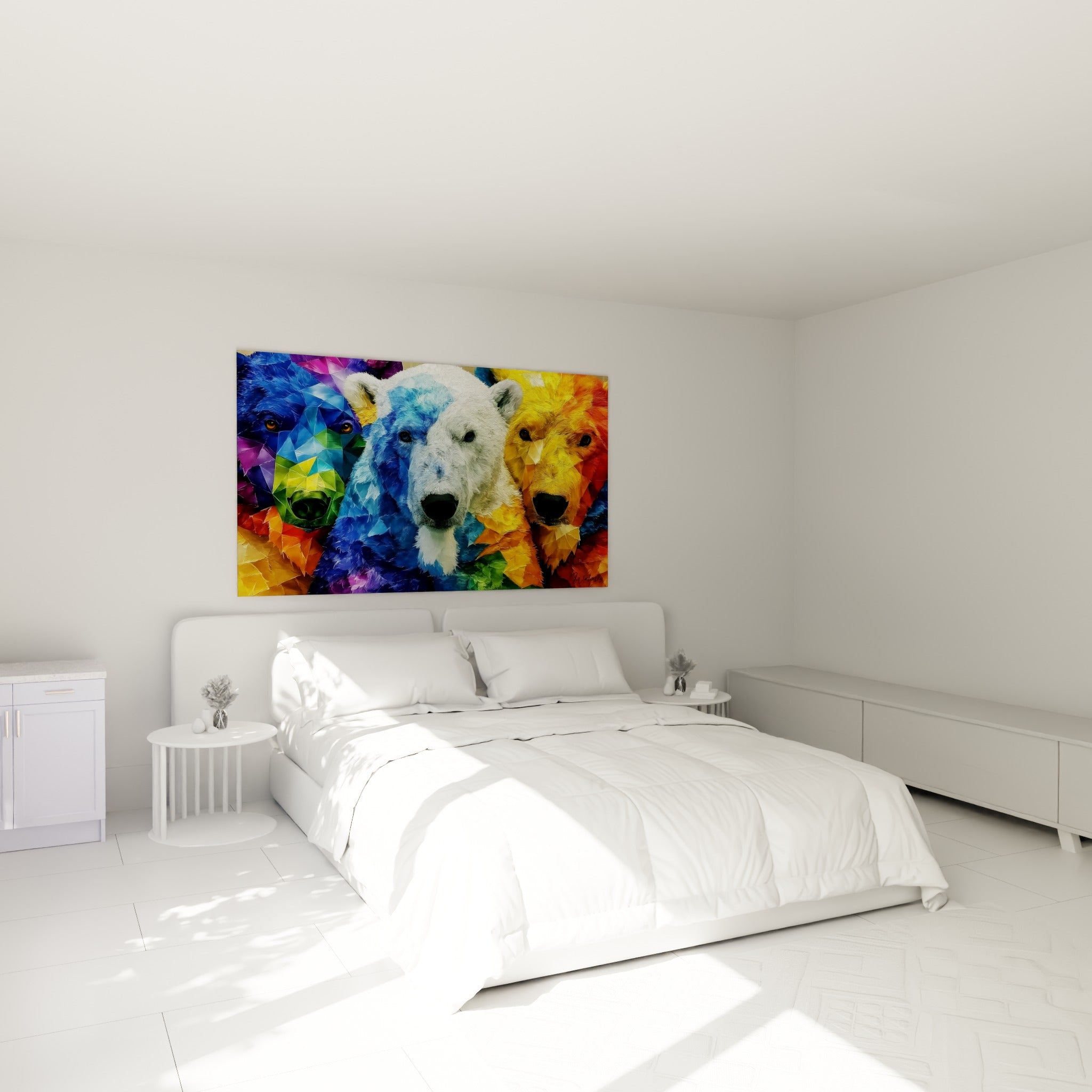 Ours polaires bleu et orange en mosaïque géométrique au-dessus d'un lit dans une chambre claire