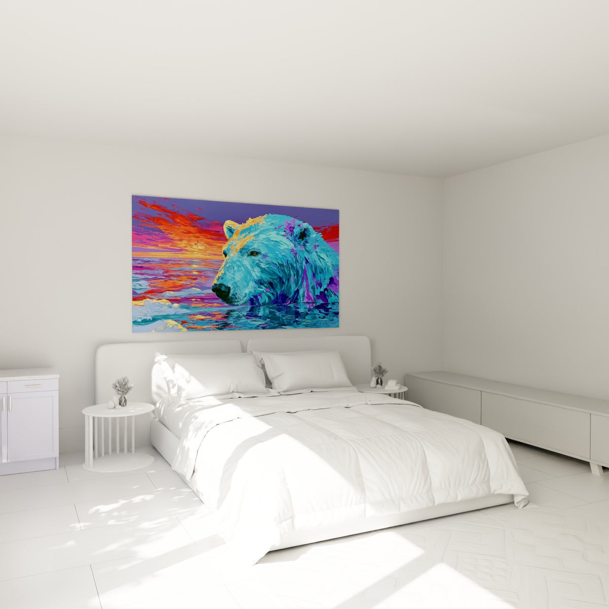 Museau noir et regard doré de l'ours polaire bleu turquoise, accroché au-dessus d'un lit dans une chambre claire