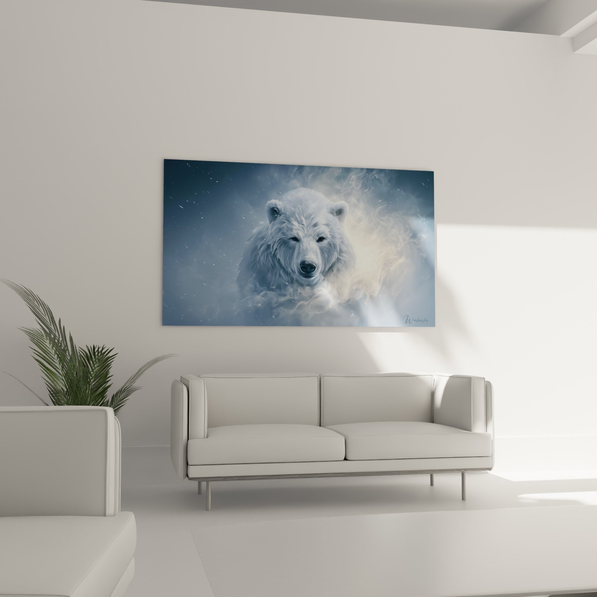 Ours polaire au pelage blanc givré traversé de volutes dorées, accroché au-dessus d'un canapé dans un salon lumineux