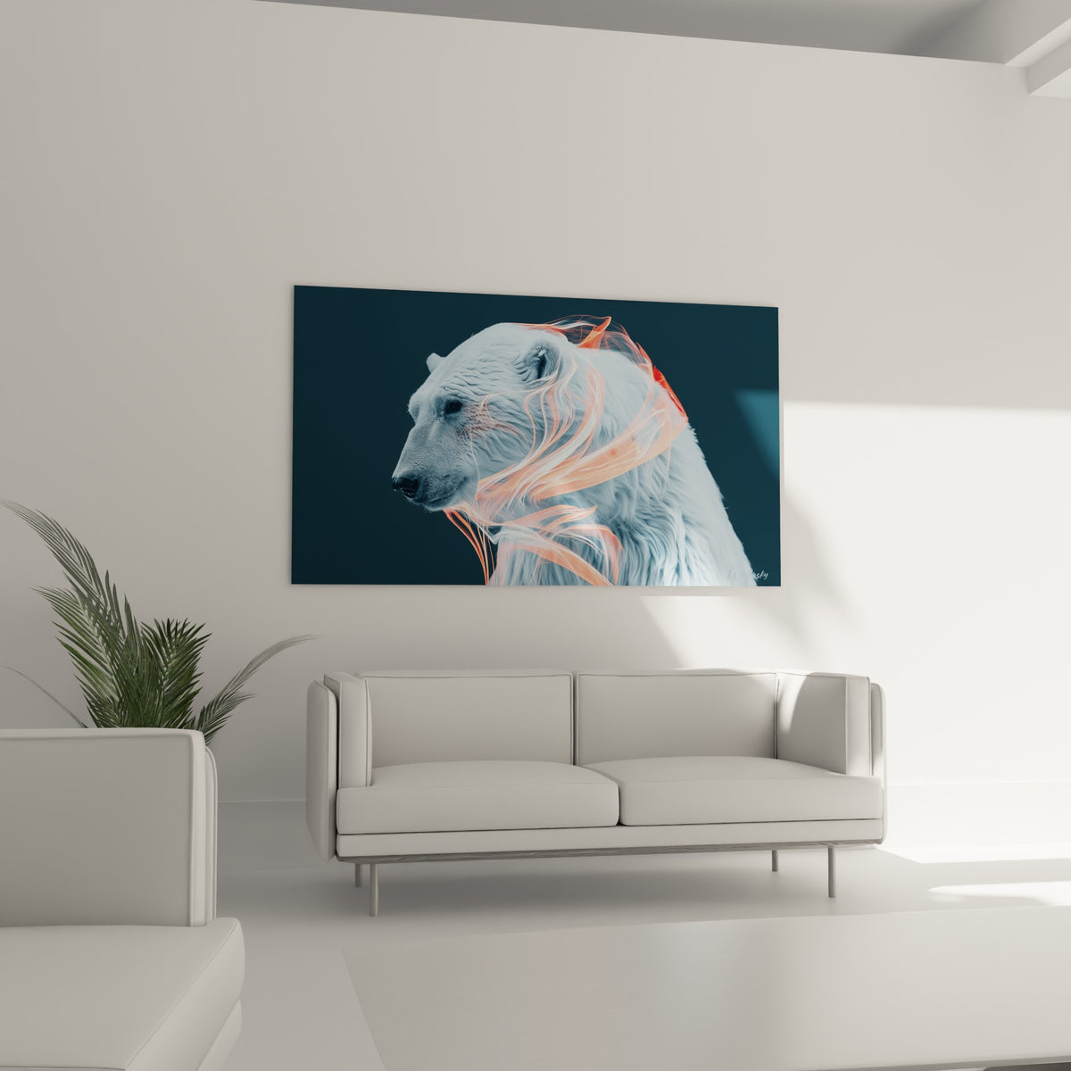 Museau et pelage bleuté de l'ours polaire traversés de filaments orangés, œuvre au-dessus d'un canapé dans un salon lumineux