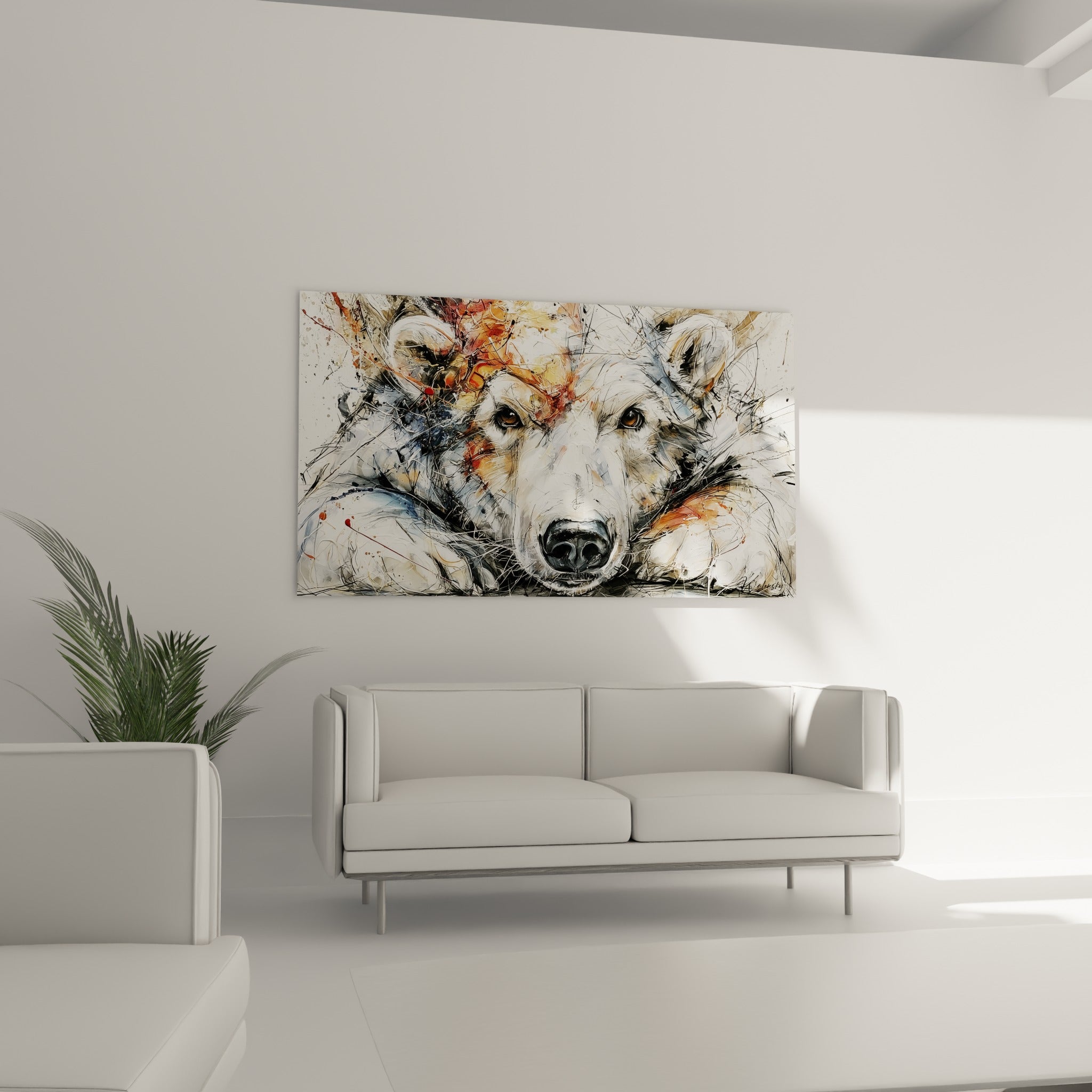 Regard intense d'ours polaire blanc et ocre, traits noirs expressifs, au-dessus d'un canapé dans un salon lumineux