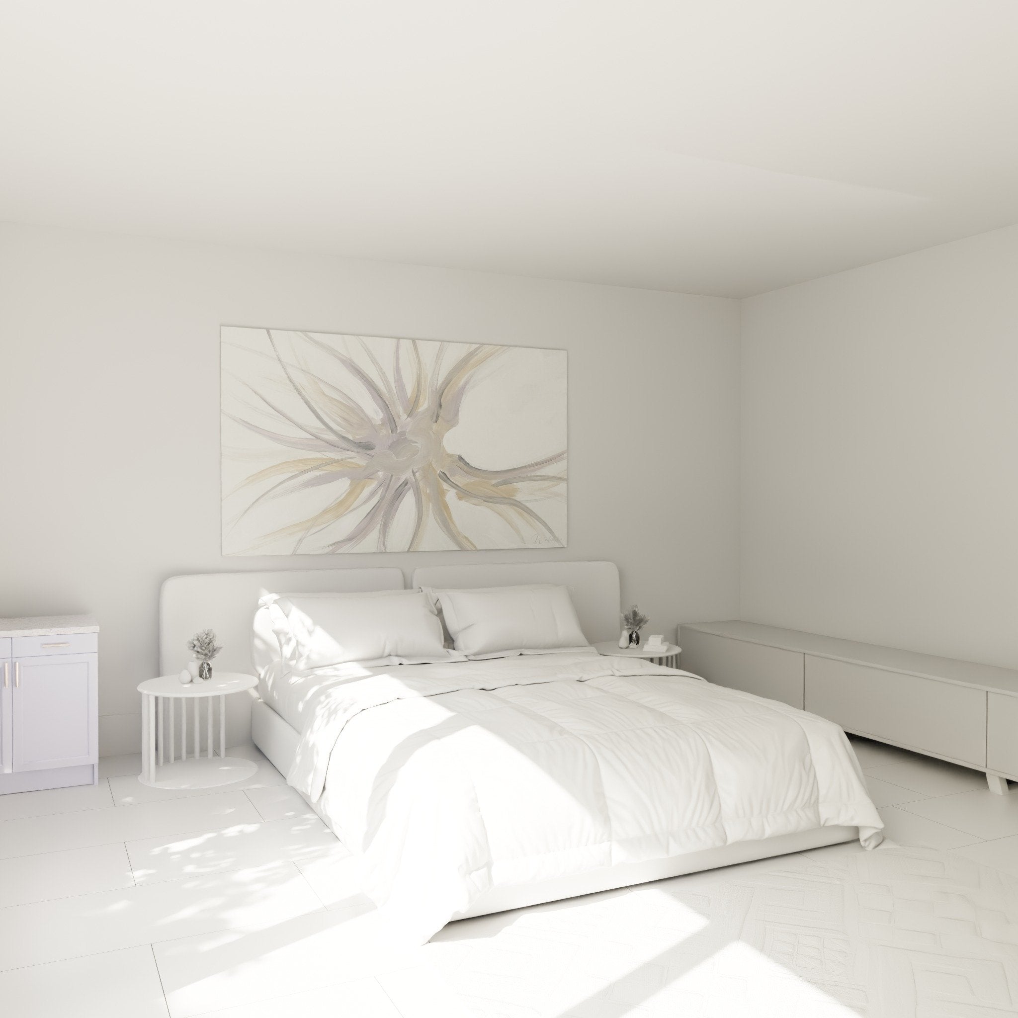 Abstrakte Seeigel-Kunstdruck graubeige im modernen Schlafzimmer beruhigende Wanddekoration zeitgenössische minimalistische Kunst