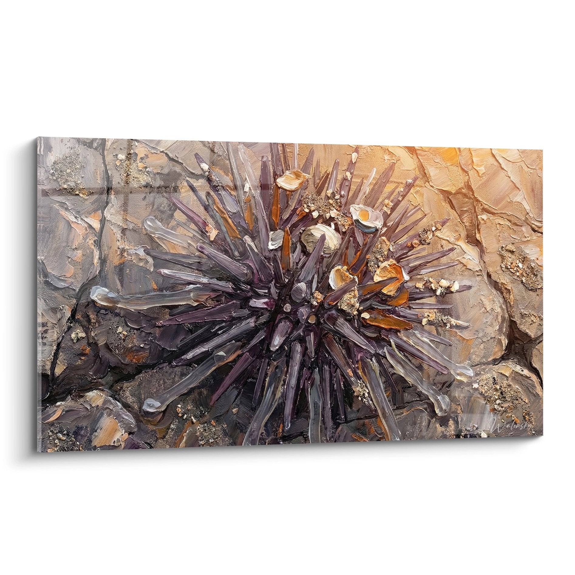 Lila und goldenes Seeigel-Gemälde auf Meeresstein - Natur Wandkunst Seeigel-Edition