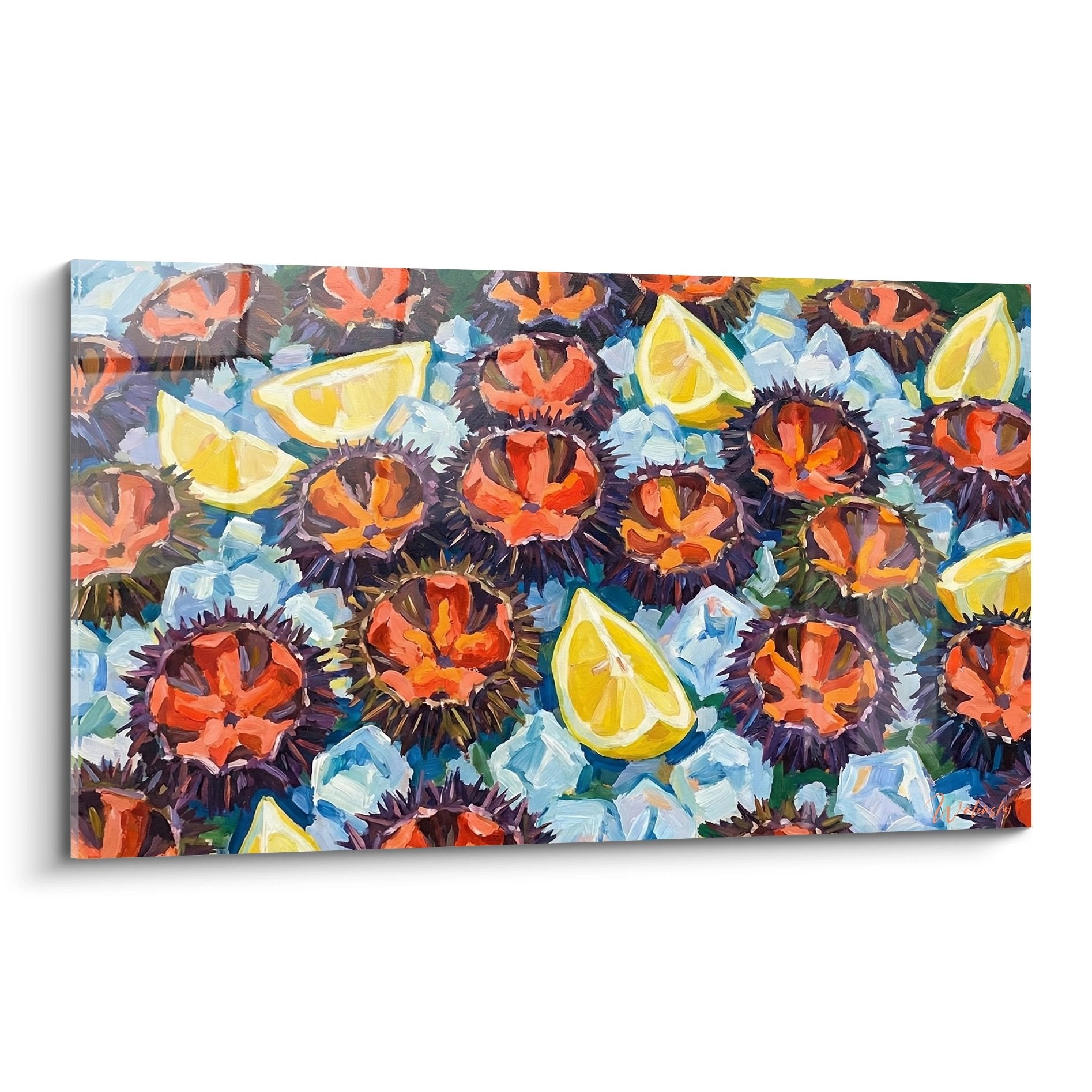 Gemälde mit orangefarbenen Seeigeln und Zitronenscheiben auf zerstoßenem Eis, impressionistische Meeresmalerei