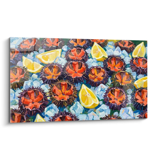 Orange Sea Urchins and Lemon Wedges on Crushed Ice - Marine Symphony - Urchin Edition