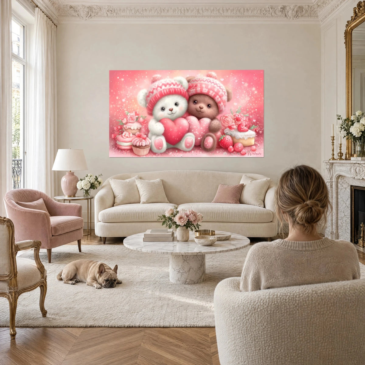Wall art two teddy bears in pink knit hats holding hearts, glittering pink background, a woman seen from behind and a bulldog, above a sofa in a bright living room