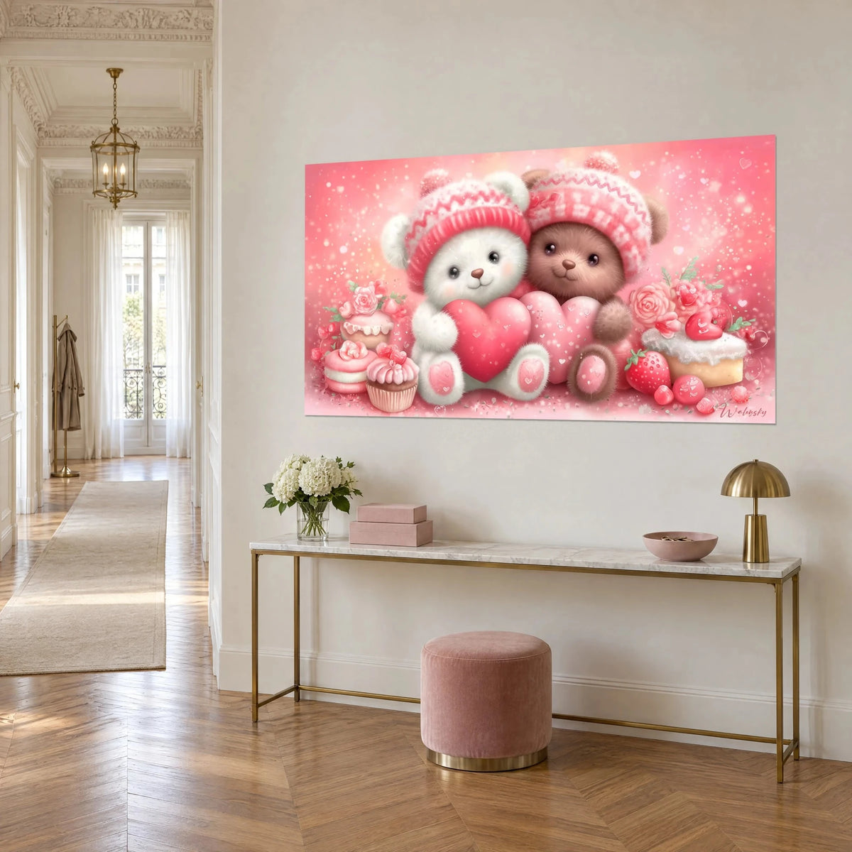 Wall art white and brown teddy bears embracing, powdered pastries and red strawberries, above a gilded console in a Haussmann-style hallway