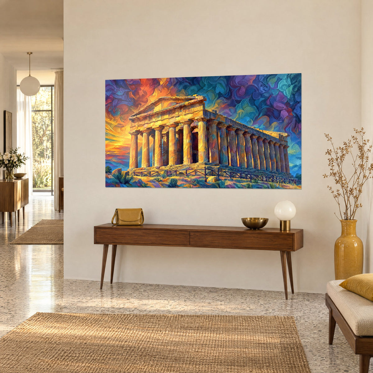 Tableau colonnade dorique en pierre ocre, nuages tourbillonnants bleus et pourpres, accroché au-dessus d'une console en bois dans un couloir