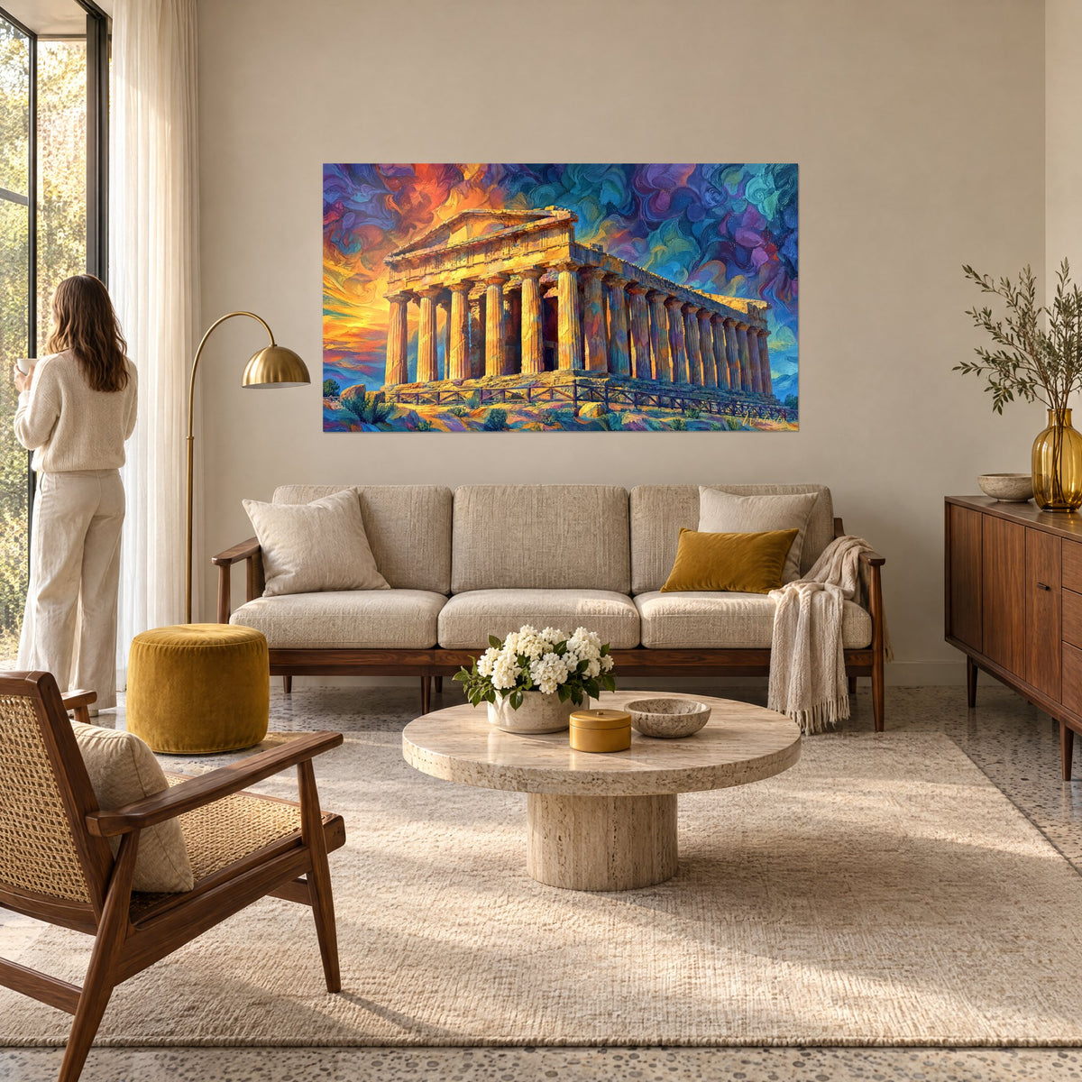 Tableau temple grec doré sous un ciel orange et violet en spirales, au-dessus d'un canapé dans un salon lumineux