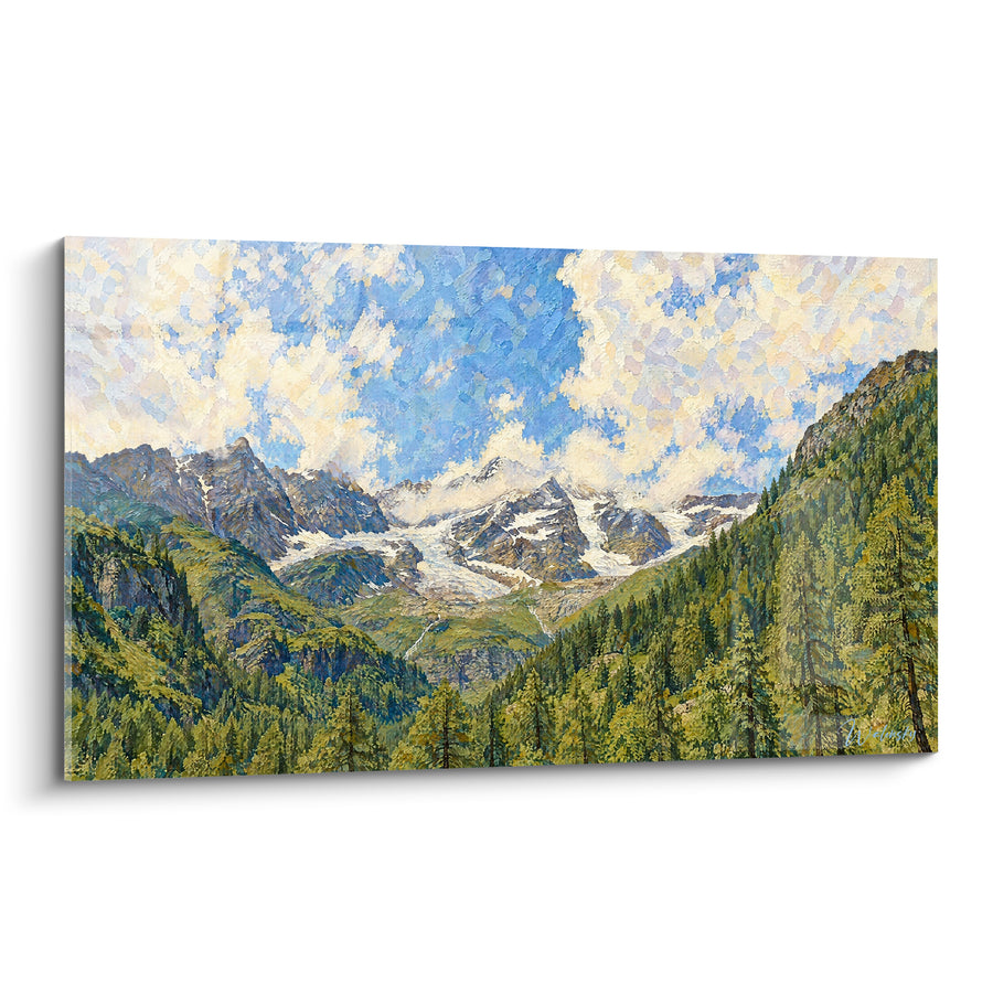 Tableau Vallée alpine aux sapins verts et glacier - Souffle des cimes - Edition P4 - Valsesia - Italie