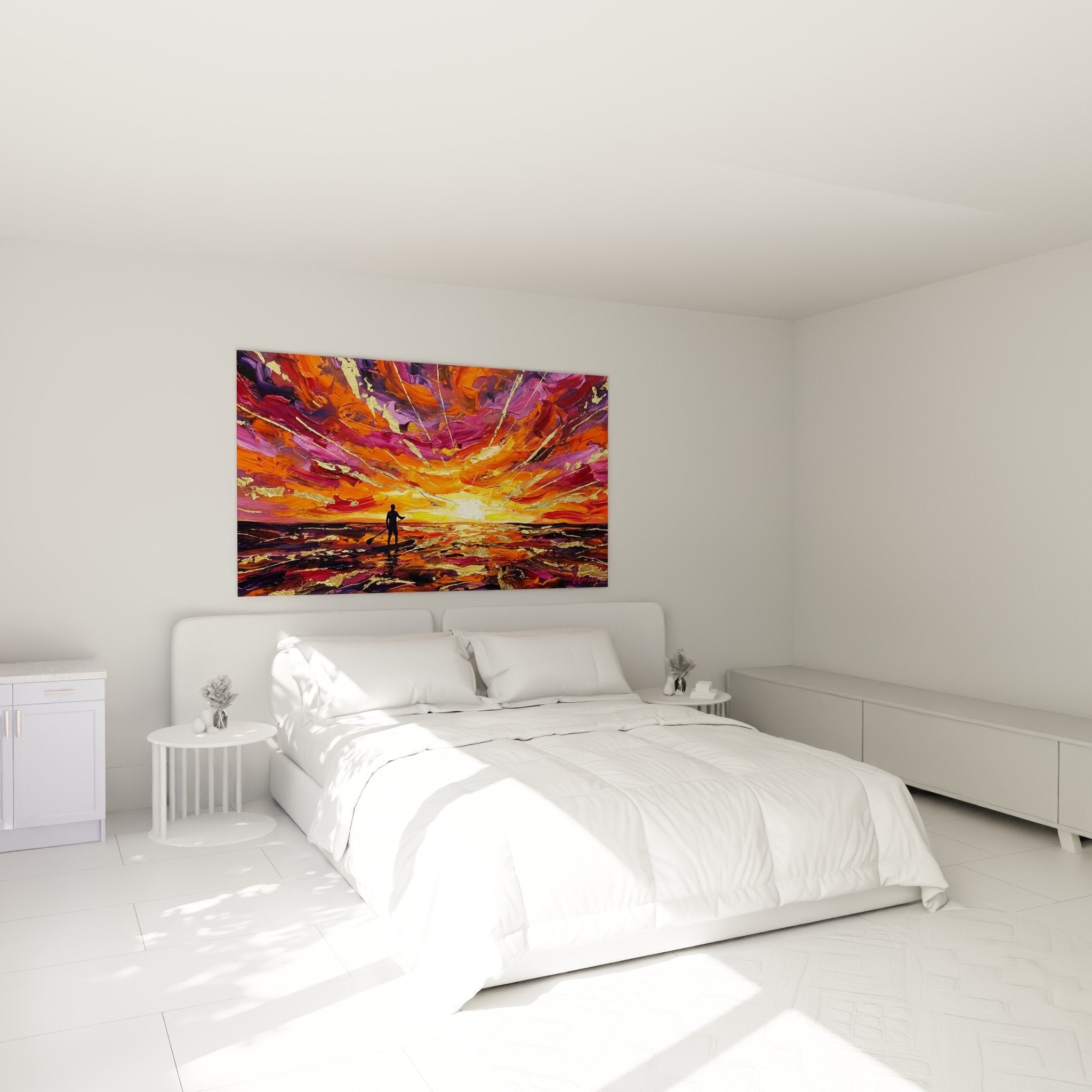 Tableau paddle coucher soleil violet orange chambre decoration murale silhouette contemplative ambiance apaisante