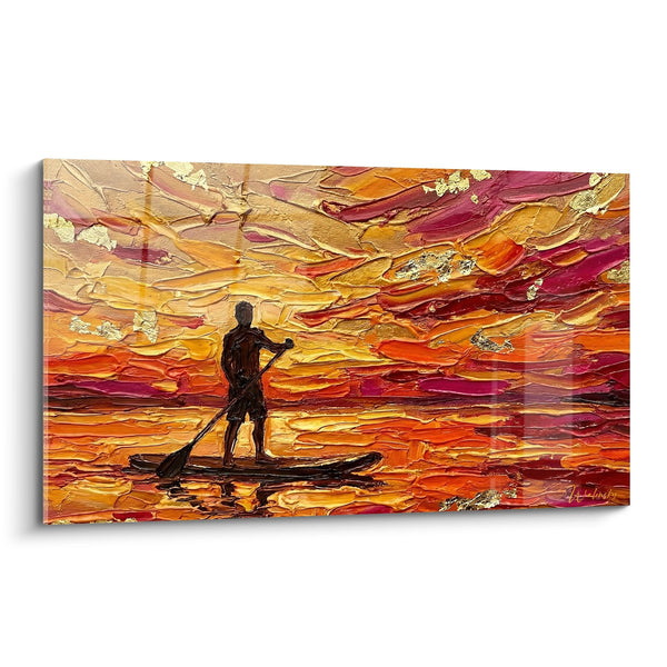 Cuadro Silueta Pagayador Atardecer Dorado - Soledad Dorada - Edición Paddle