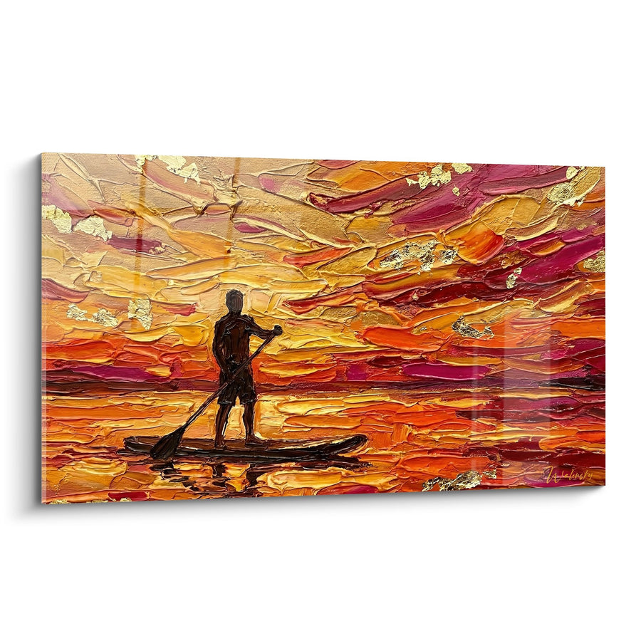 Tableau Silhouette Pagayeur Coucher de Soleil Doré - Solitude Dorée - Edition Paddle