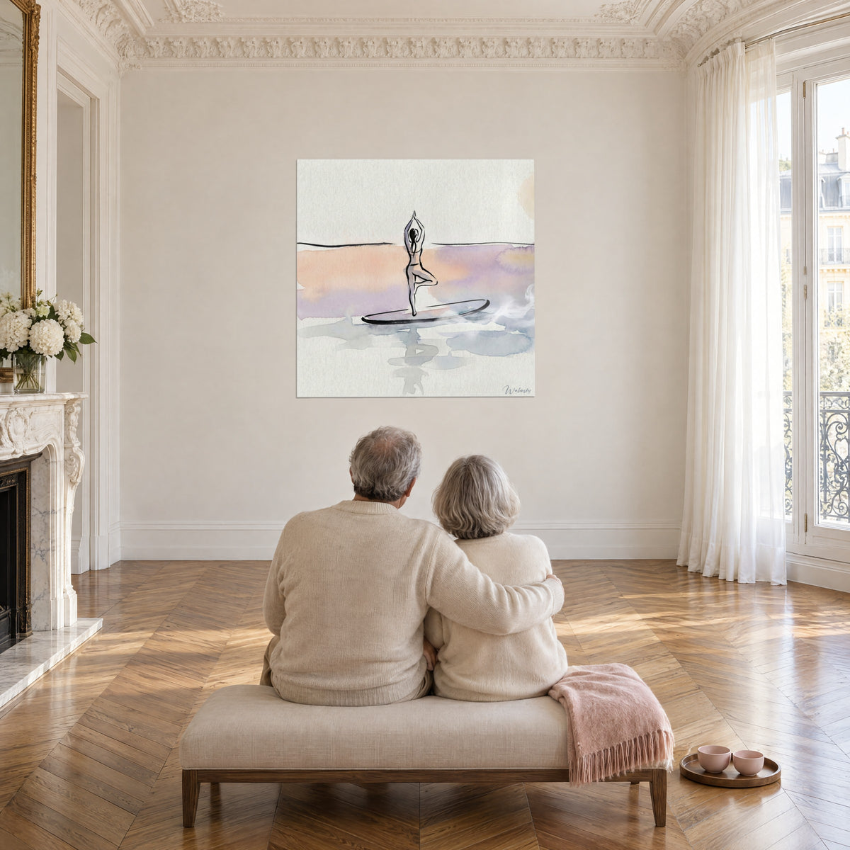 Wall art meditation on a floating board, black horizon, soft pale pink and gentle violet tones, couple seen from behind on a bench, Haussmann-style salon
