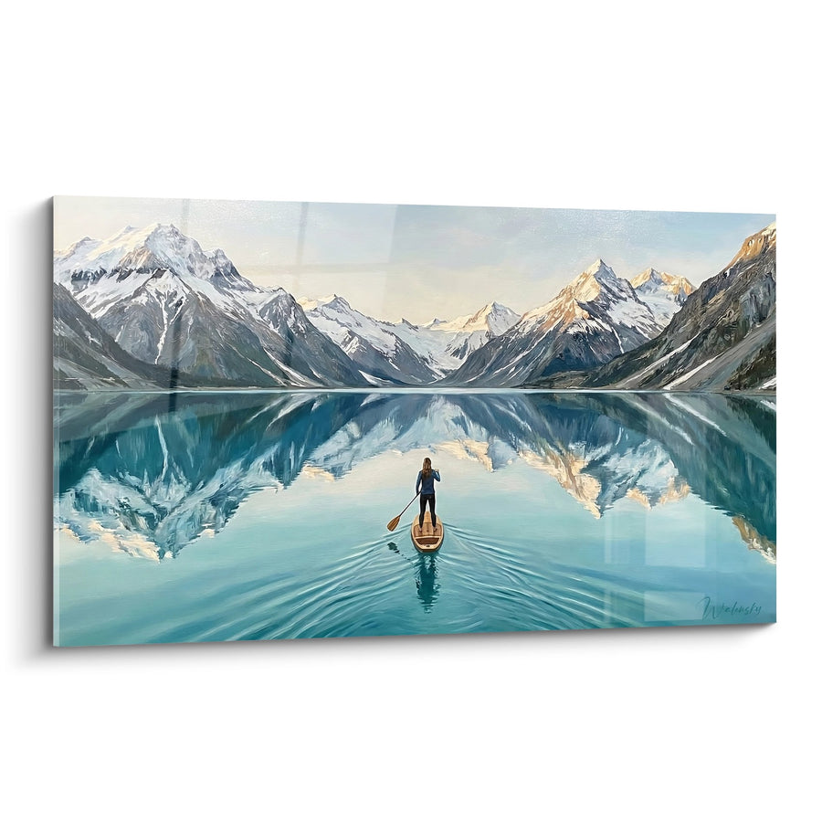 Tableau Montagne Enneigée et Lac aux Reflets Turquoise avec Paddleuse - Sérénité Glaciaire - Edition Paddle