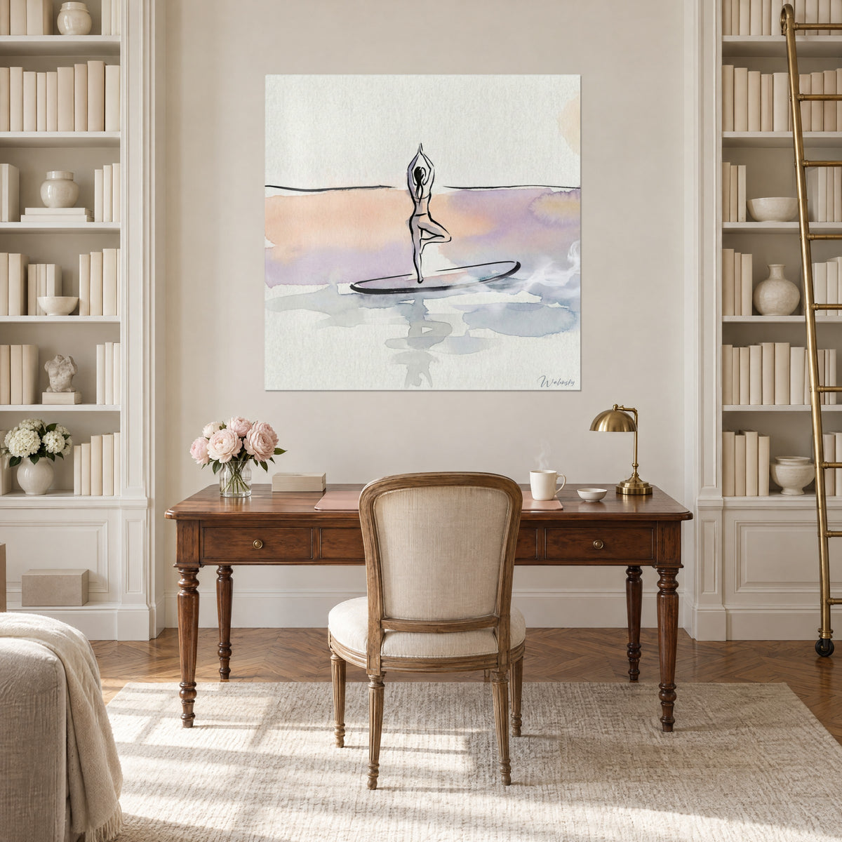 Wall art yoga on stand-up paddle, black ink stroke and apricot and mauve wash, wooden desk, white bookshelf and brass lamp