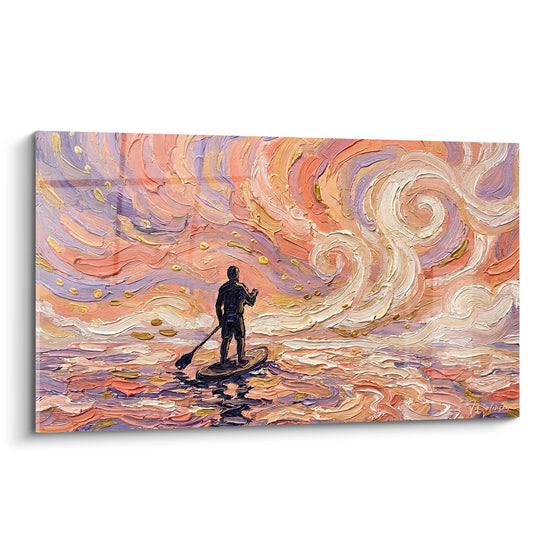 Schilderij van een Eenzame Kajakker in Gouden en Paarse Wirwar – Contemplatieve Reis – Editie Paddle