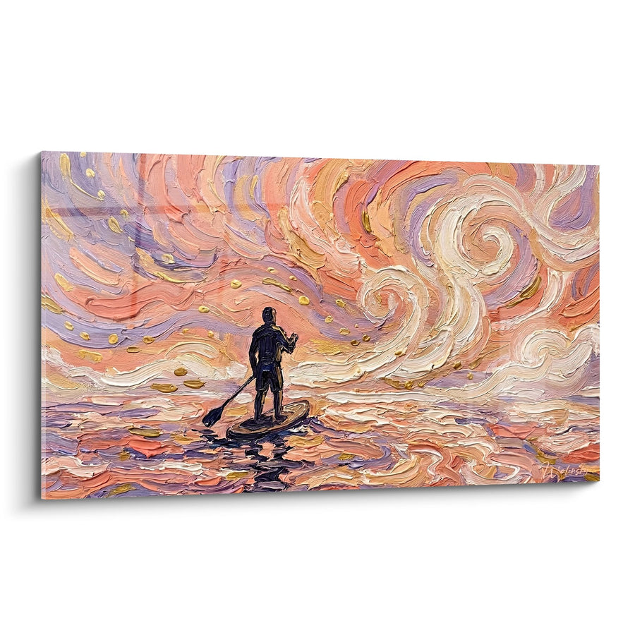 Tableau Pagayeur Solitaire dans Tourbillons Dorés et Violets - Voyage Contemplatif - Edition Paddle