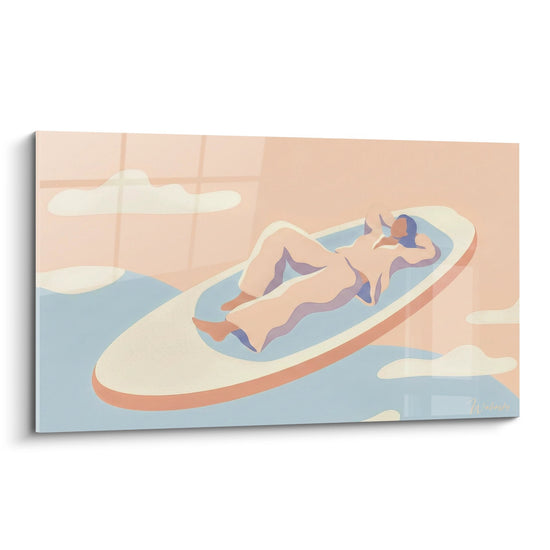Schilderij van een ontspannen kajakster in pasteltoons koraal en blauw - Waterige sereniteit - Editie Paddle