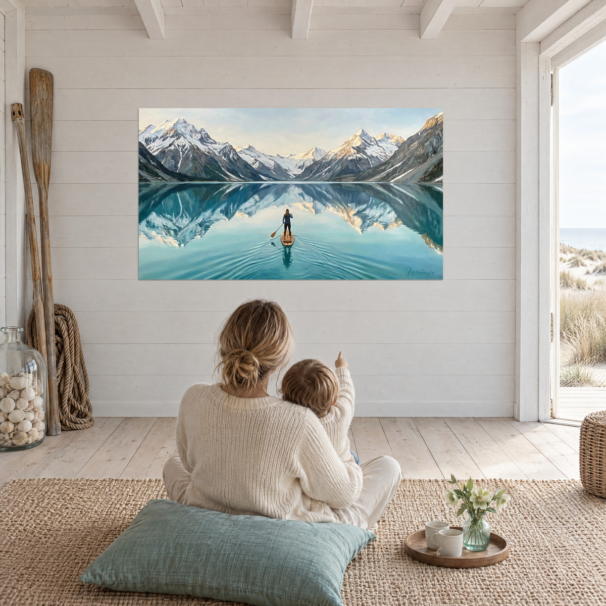 Tableau reflets symétriques d'un massif enneigé sur eau turquoise, ciel crème, mère et enfant de dos assis sur un coussin, maison de bord de mer