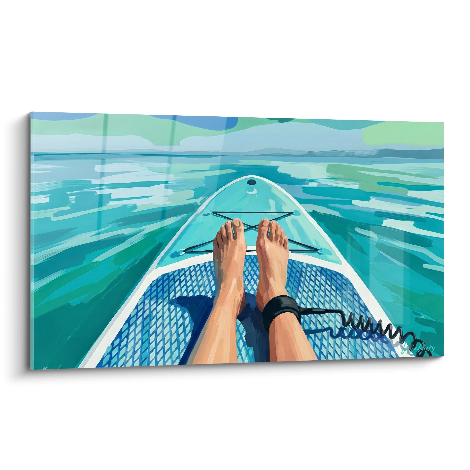 Tableau paddle vue première personne pieds nus sur planche turquoise eaux cristallines bleu vert