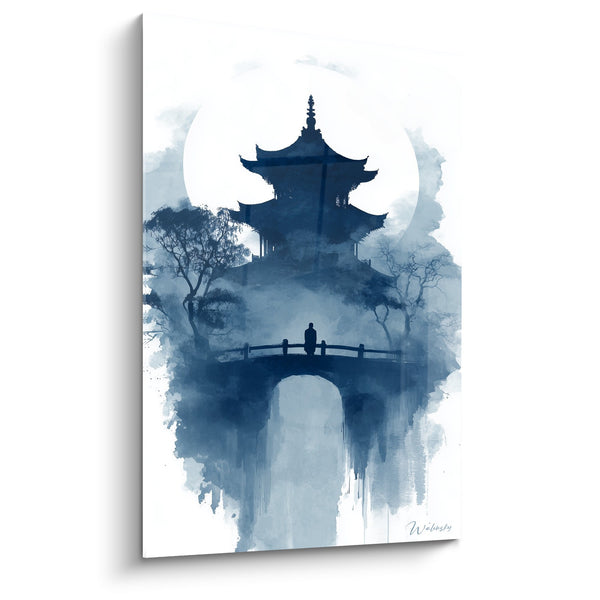Tableau Temple Bleu dans les Nuages avec Silhouette sur Pont - Sérénité Mystique - Edition Pagode
