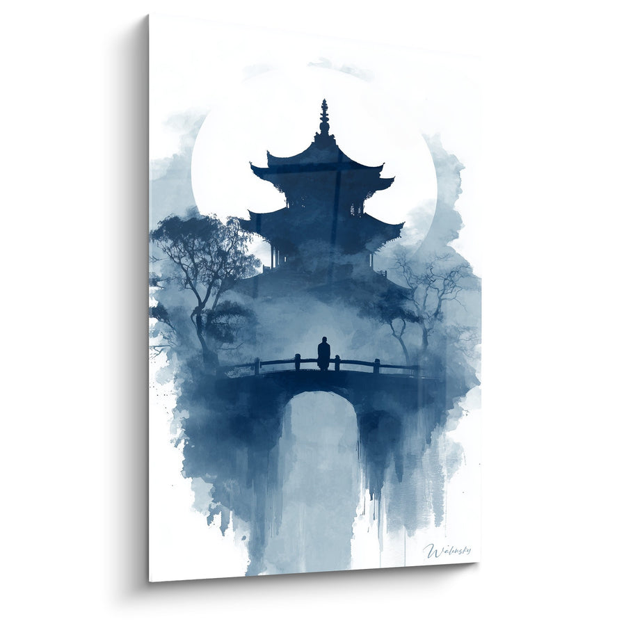 Dipinto Tempio Blu tra le Nuvole con Silhouette su Ponte - Serenità Mistica - Edizione Pagoda