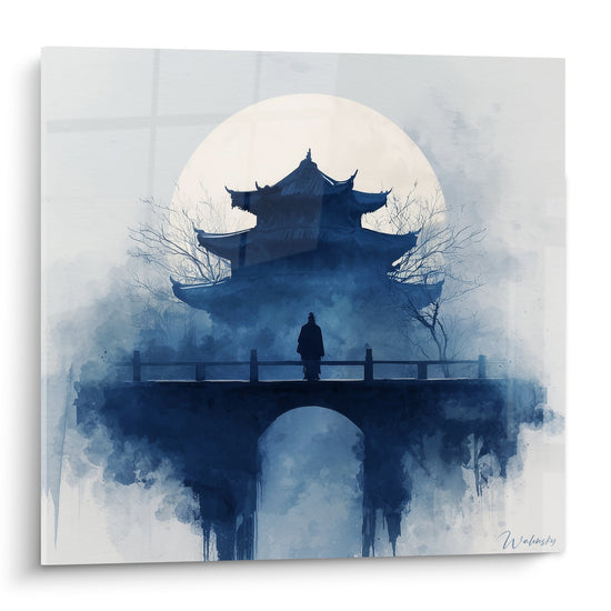 Aquarellgemälde blaue Pagode mit Silhouette auf Brücke unter Vollmond mystischer Nebel kontemplative asiatische Kunst