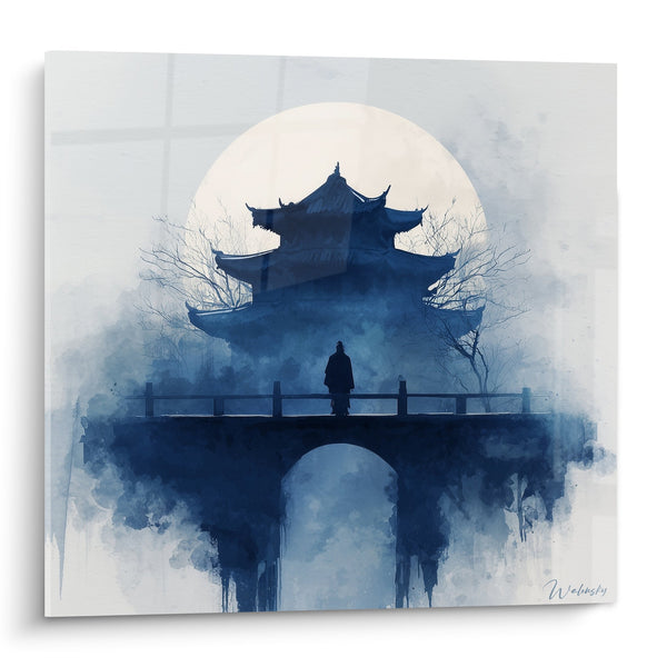 Schilderij Silhouet op Brug en Tempel in Blauwe Mist - Mystieke Contemplatie - Pagode Editie